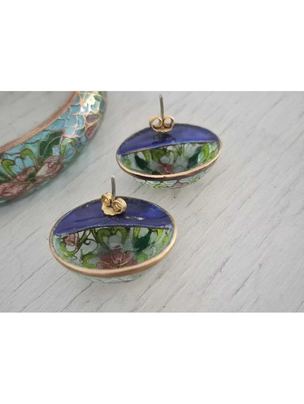 Vintage Plique-à-jour Floral Blue and Pink Stained Glass Bangle and Earring Set